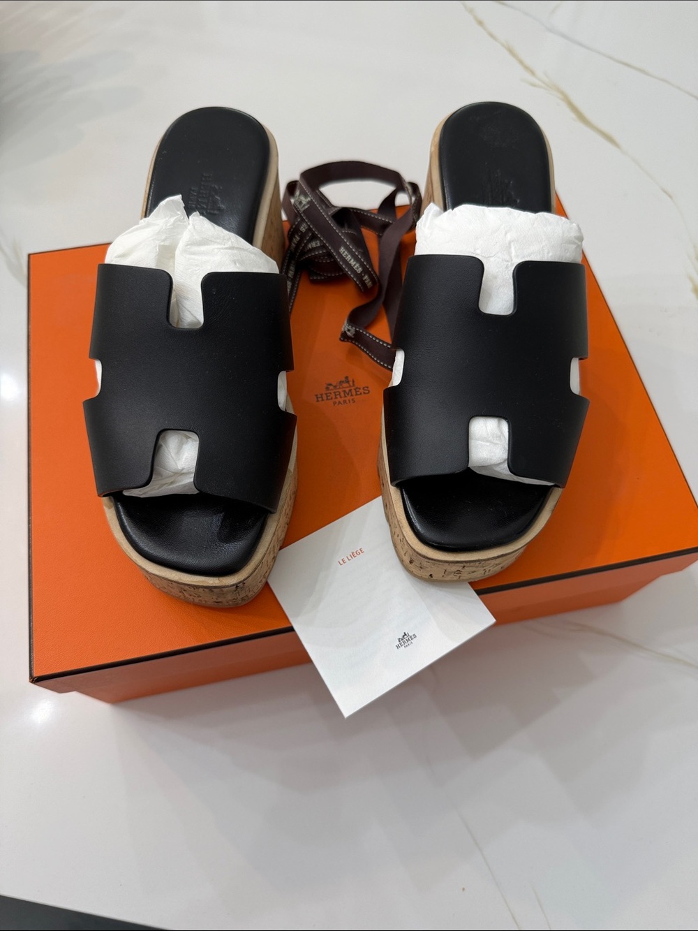 Hermes Black Leather Platform Slide Sandals with Cork Sole